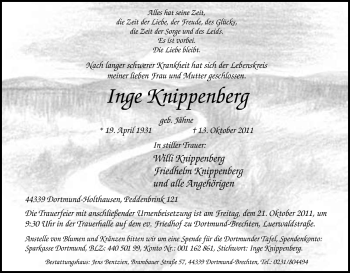 Traueranzeige von Inge Knippenberg von Tageszeitung