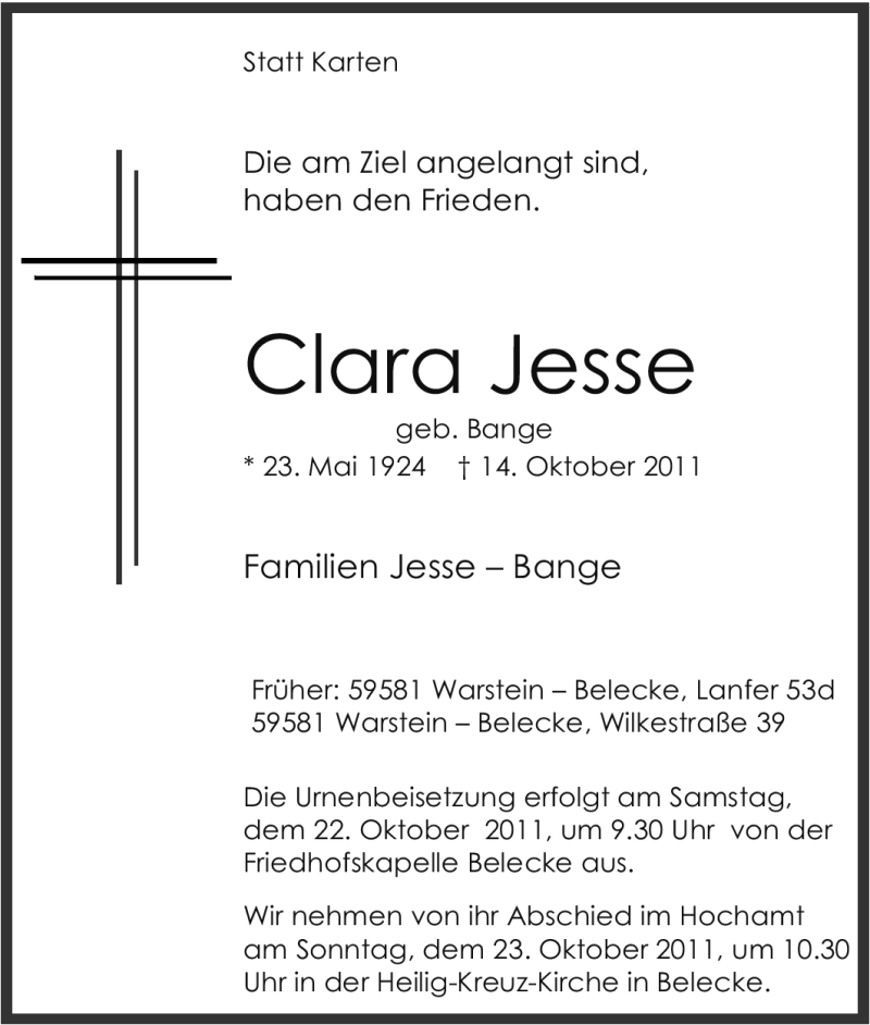  Traueranzeige für Clara Jesse vom 18.10.2011 aus Tageszeitung