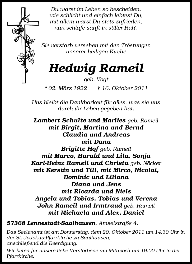  Traueranzeige für Rameil Vogt vom 17.10.2011 aus Tageszeitung