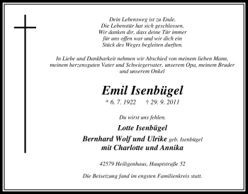 Traueranzeige von Emil Isenbügel von Tageszeitung