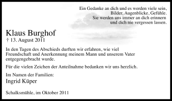 Traueranzeige von KLaus Burghof von Tageszeitung
