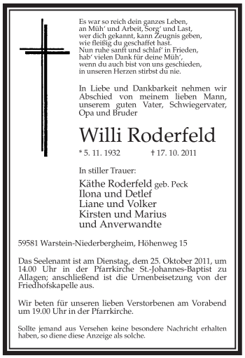 Traueranzeige von Willi Roderfeld von Tageszeitung