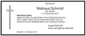 Traueranzeige von Waltraud Schmidt von Tageszeitung