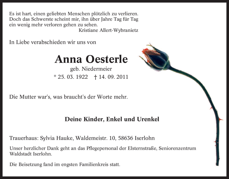  Traueranzeige für Anna Oesterle vom 04.10.2011 aus Tageszeitung