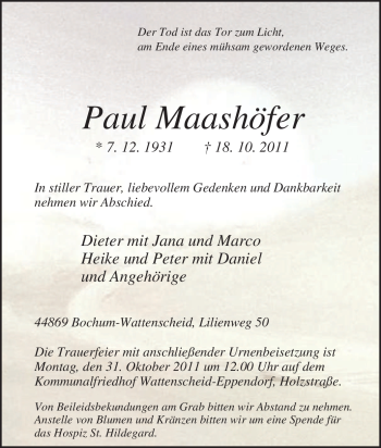 Traueranzeige von Paul Maashöfer von Tageszeitung