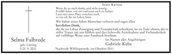 Traueranzeige von Selma Falbrede von Tageszeitung
