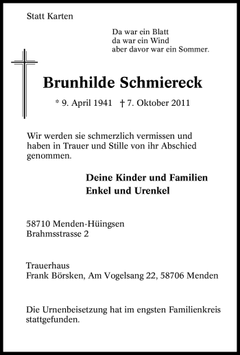 Traueranzeige von Brunhilde Schmiereck von Tageszeitung