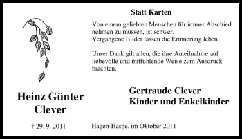 Traueranzeige von Heinz Günter Clever von Tageszeitung