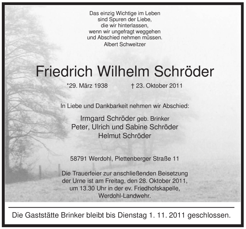  Traueranzeige für Friedrich Wilhelm Schröder vom 25.10.2011 aus Tageszeitung