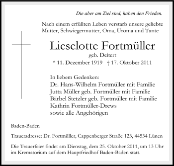 Traueranzeige von Lieselotte Fortmüller von Tageszeitung