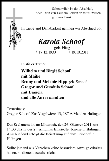 Traueranzeige von Karola Schoof von Tageszeitung