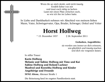 Traueranzeige von Horst Hollweg von Tageszeitung