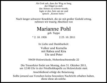 Traueranzeige von Marianne Pohl von Tageszeitung