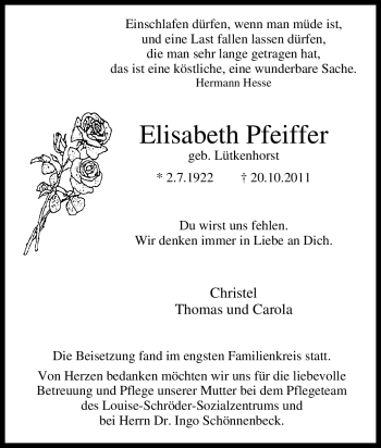 Traueranzeige von Elisabeth Pfeiffer von Tageszeitung