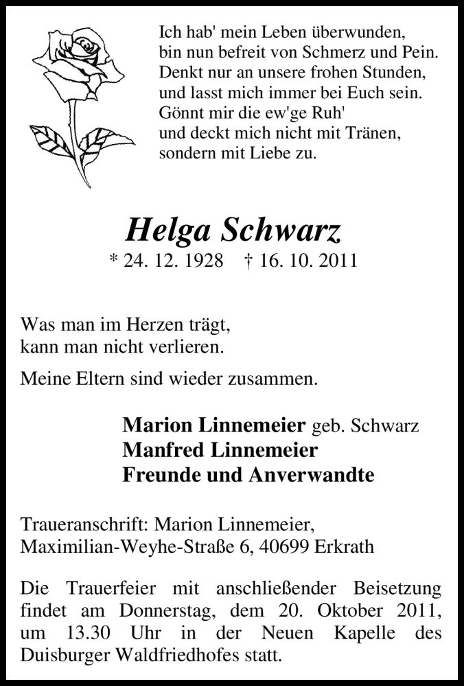  Traueranzeige für Helga Schwarz vom 18.10.2011 aus Tageszeitung