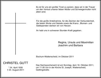 Traueranzeige von Christel Gutt von Tageszeitung