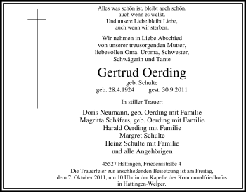 Traueranzeige von Gertrud Oerding von Tageszeitung