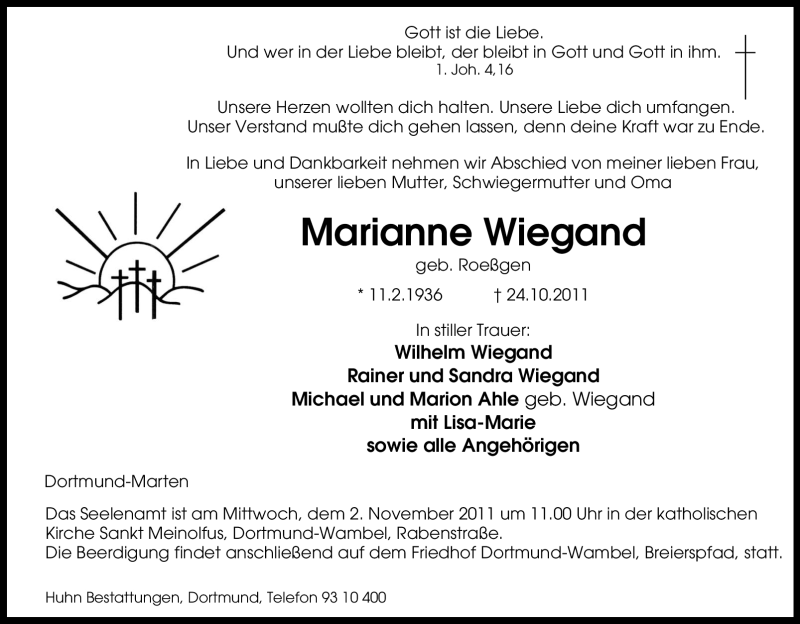  Traueranzeige für Marianne Wiegand vom 28.10.2011 aus Tageszeitung