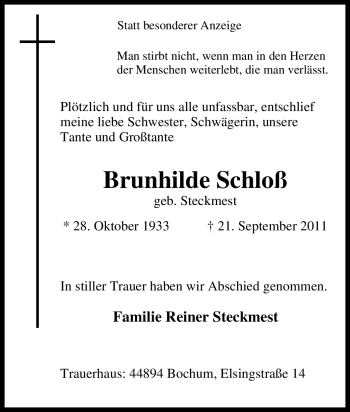Traueranzeige von Brunhilde Schloß von Tageszeitung