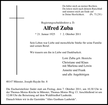 Traueranzeige von Alfred Zuba von Tageszeitung