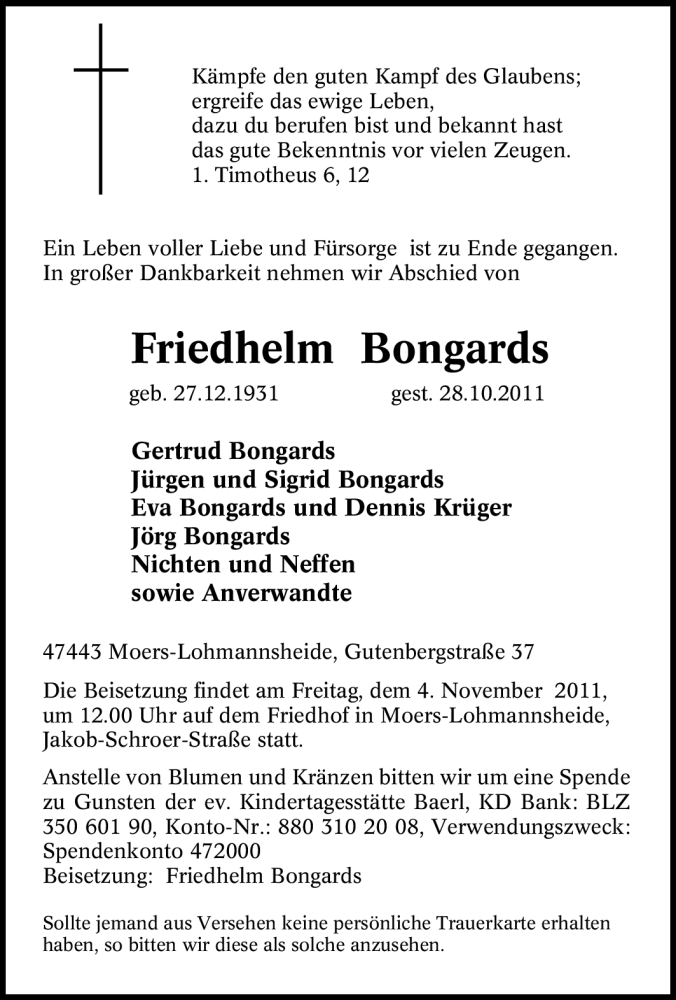  Traueranzeige für Friedhelm Bongards vom 31.10.2011 aus Tageszeitung