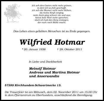 Traueranzeige von Wilfried Hotmar von Tageszeitung