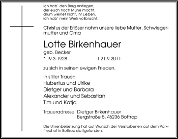 Traueranzeige von Lotte Birkenhauer von Tageszeitung