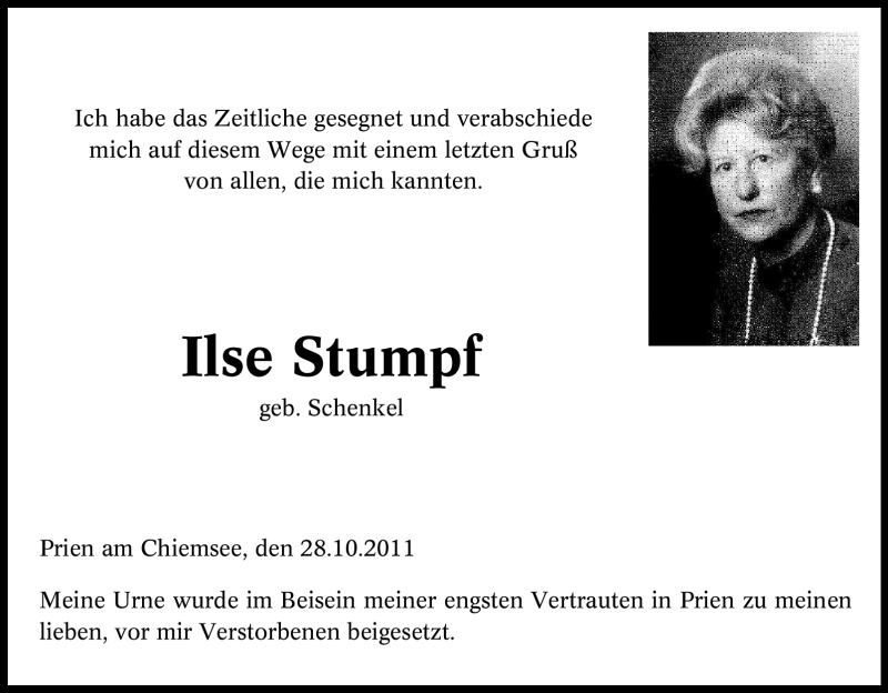  Traueranzeige für Ilse Stumpf vom 28.10.2011 aus Tageszeitung