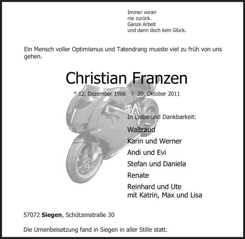  Traueranzeige für Christian Franzen vom 29.10.2011 aus Tageszeitung