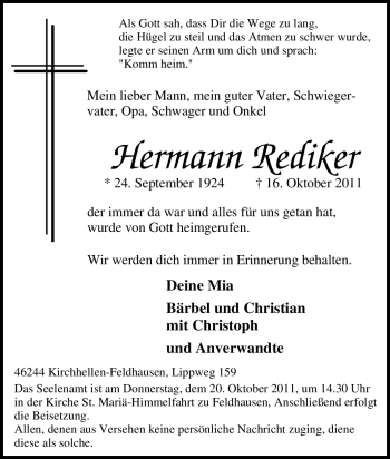 Traueranzeige von Hermann Rediker von Tageszeitung