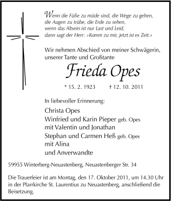 Traueranzeige von Frieda Opes von Tageszeitung