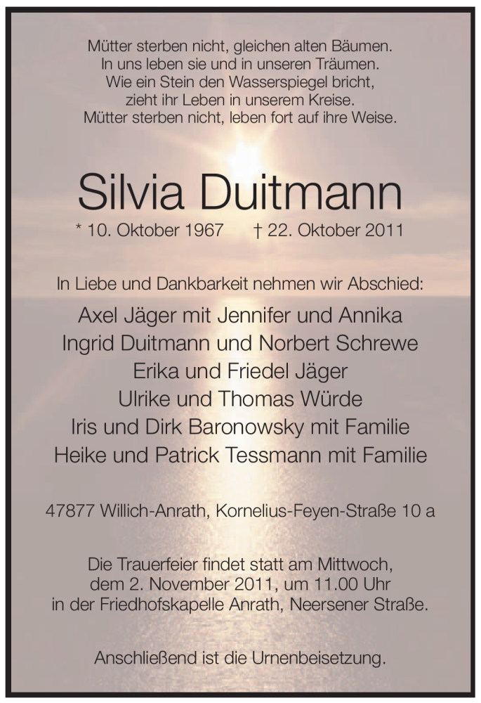  Traueranzeige für Silvia Duitmann vom 27.10.2011 aus Tageszeitung