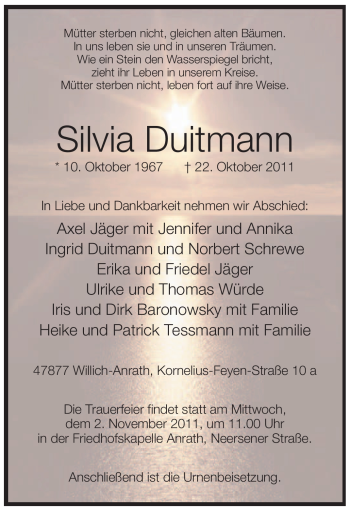 Traueranzeige von Silvia Duitmann von Tageszeitung