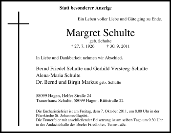 Traueranzeige von Margret Schulte von Tageszeitung
