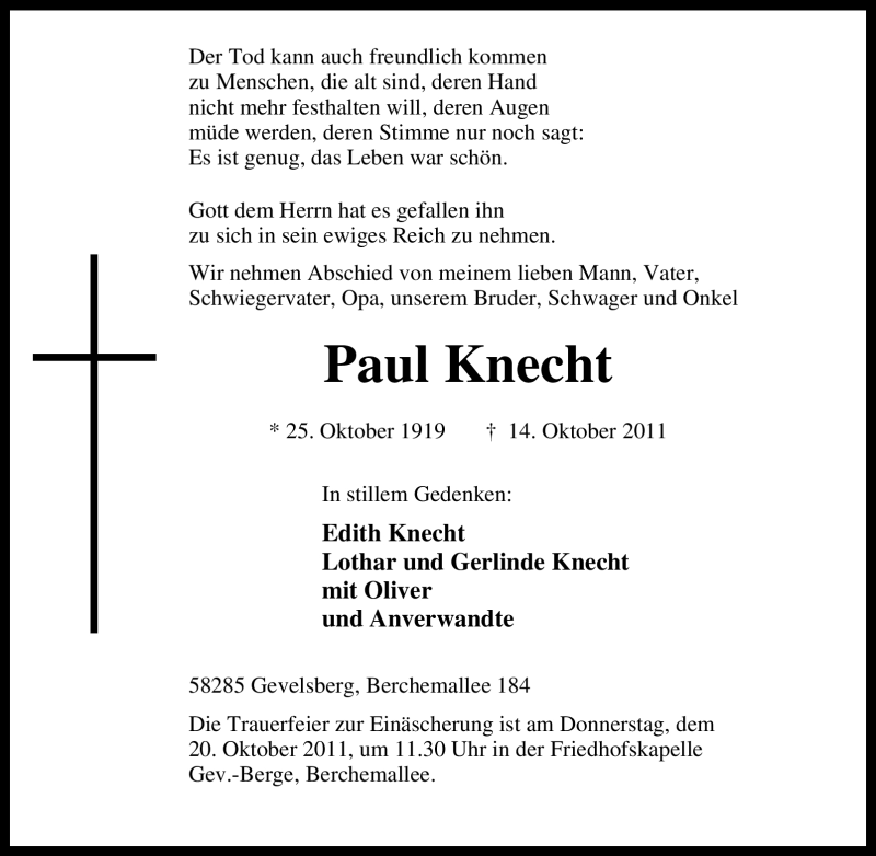 Traueranzeigen Von Paul Knecht Trauer In Nrw De