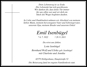 Traueranzeige von Emil Isenbügel von Tageszeitung