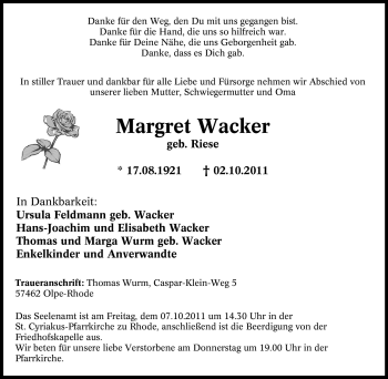 Traueranzeige von Margret Wacker von Tageszeitung