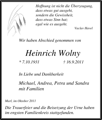 Traueranzeige von Heinrich Wolny von Tageszeitung
