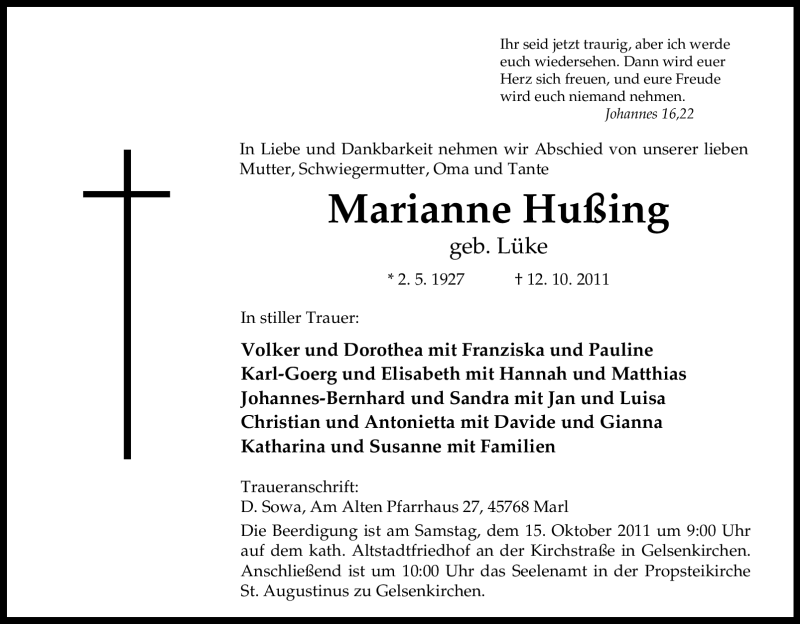  Traueranzeige für Marianne Hußing vom 13.10.2011 aus Tageszeitung