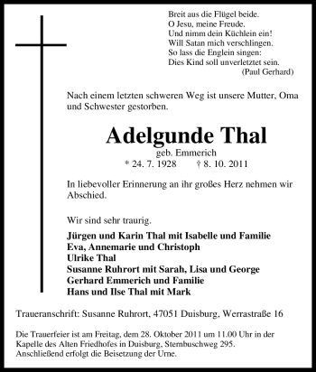 Traueranzeige von Adelgunde Thal von Tageszeitung