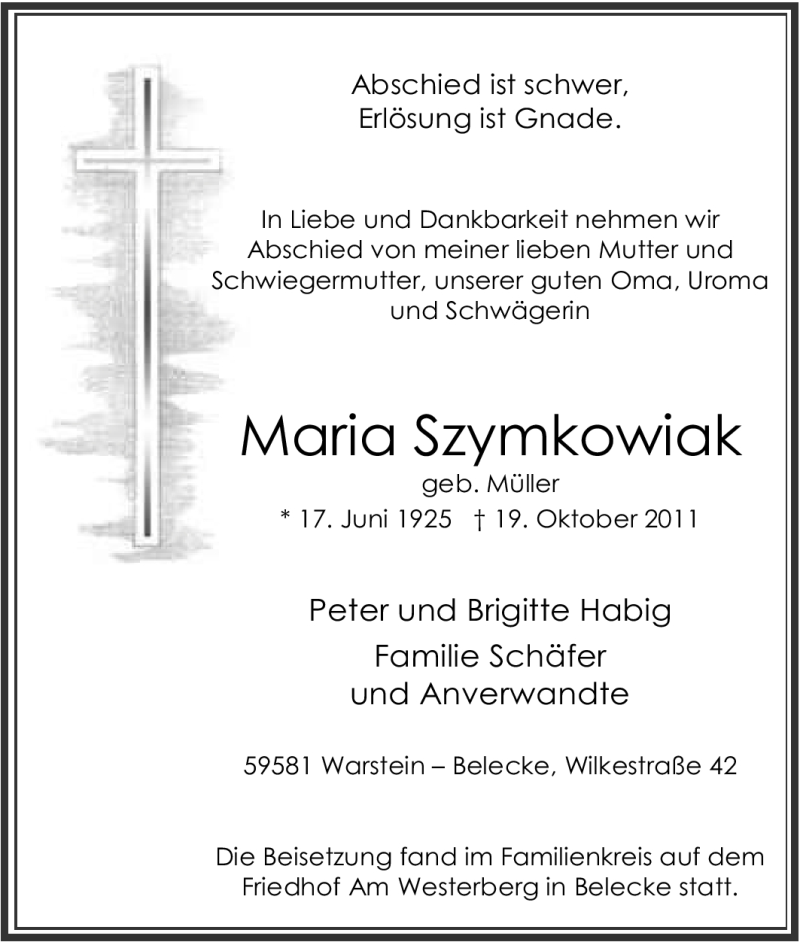  Traueranzeige für Maria Szymkowiak vom 26.10.2011 aus Tageszeitung