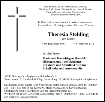 Traueranzeige von Theresia Stehling von Tageszeitung