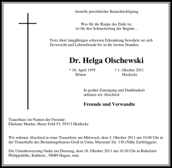 Traueranzeige von Helga Olschewski von Tageszeitung