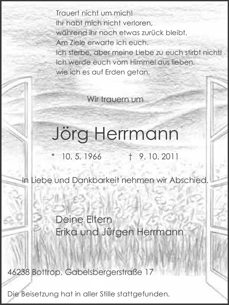  Traueranzeige für Jörg Herrmann vom 15.10.2011 aus Tageszeitung
