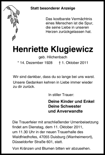 Traueranzeige von Henriette Klugiewicz von Tageszeitung