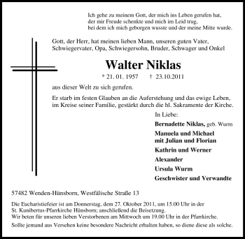Traueranzeige von Walter Niklas von Tageszeitung
