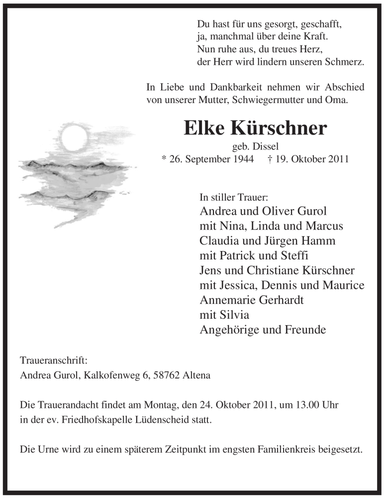  Traueranzeige für Elke Kürschner vom 21.10.2011 aus Tageszeitung