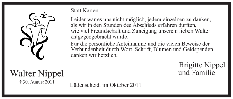  Traueranzeige für Walter Nippel vom 01.10.2011 aus Tageszeitung