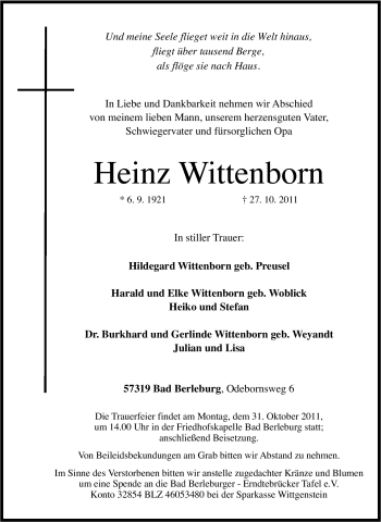 Traueranzeige von Heinz Wittenborn von Tageszeitung