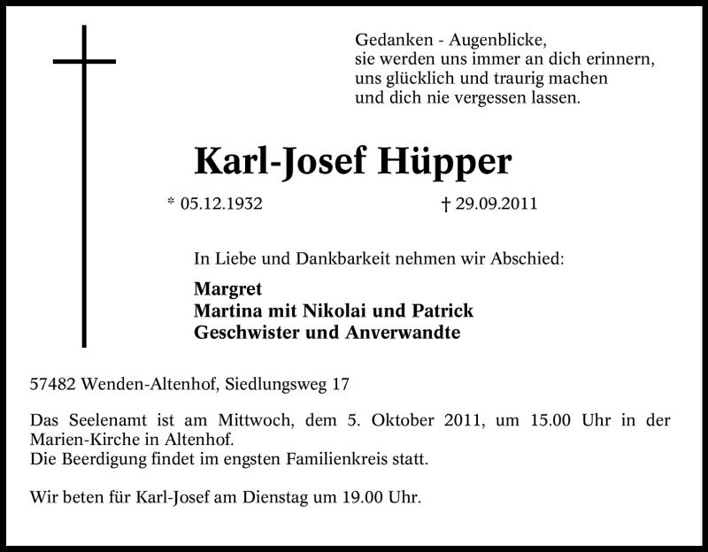  Traueranzeige für Karl-Josef Hüpper vom 01.10.2011 aus Tageszeitung